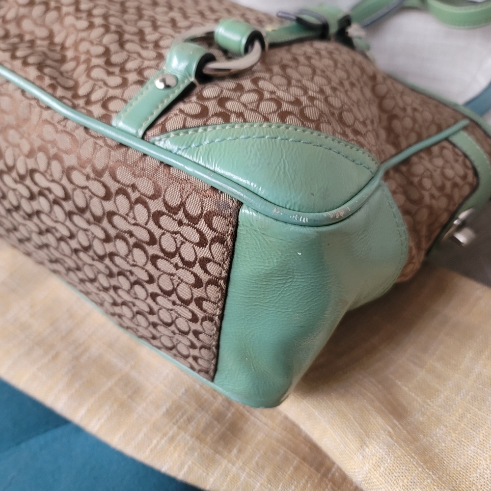 Coach Brown Signature Canvas Tote with Mint Trim and Straps - Picture 11 of 12